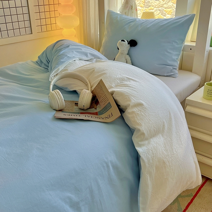 91家纺网 家纺一手货源 找家纺 缦绣阁家纺 2026新款无印风纯色纯棉四件套全棉被套床单床笠被罩学生宿舍上下铺三件套床上用品 天空蓝奶白