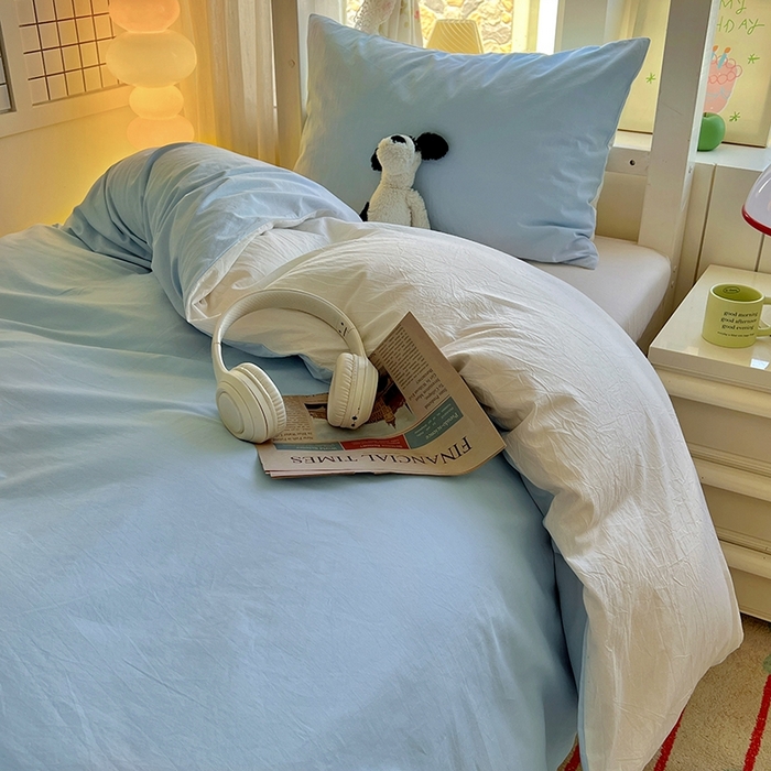 91家纺网 家纺一手货源 找家纺 缦绣阁家纺 2026新款无印风纯色纯棉四件套全棉被套床单床笠被罩学生宿舍上下铺三件套床上用品 天空蓝奶白