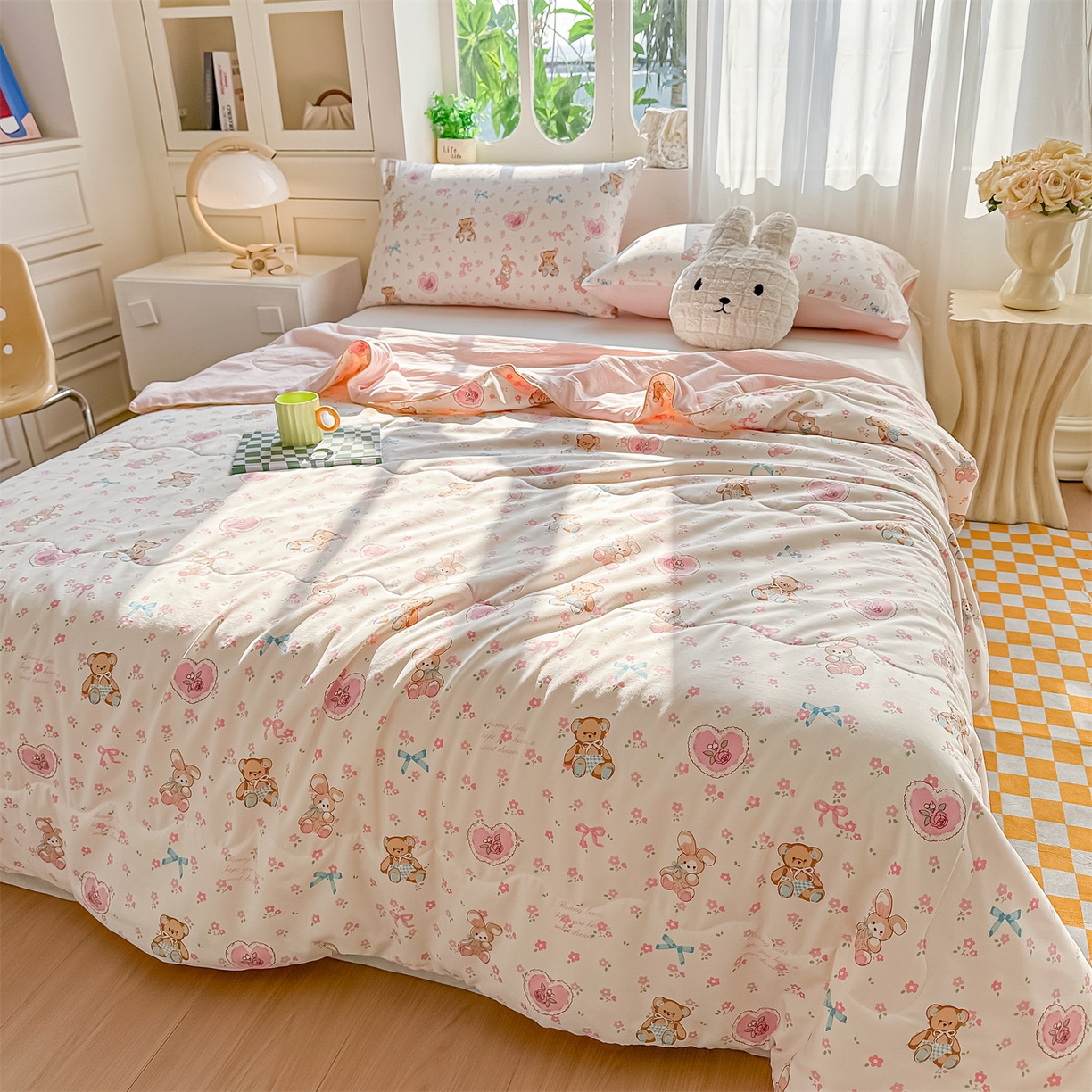 91家纺网 家纺一手货源 找家纺 招财星家纺 2026新款A类水洗棉皱绉纱夏被空调被印花夏凉被子被芯（带质检报告买家秀） 玫瑰熊