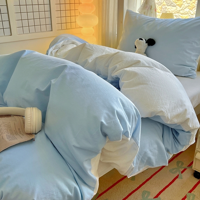 91家纺网 家纺一手货源 找家纺 缦绣阁家纺 2026新款无印风纯色纯棉四件套全棉被套床单床笠被罩学生宿舍上下铺三件套床上用品 天空蓝奶白