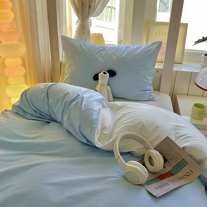 91家纺网 家纺一手货源 找家纺 缦绣阁家纺 2026新款无印风纯色纯棉四件套全棉被套床单床笠被罩学生宿舍上下铺三件套床上用品 天空蓝奶白