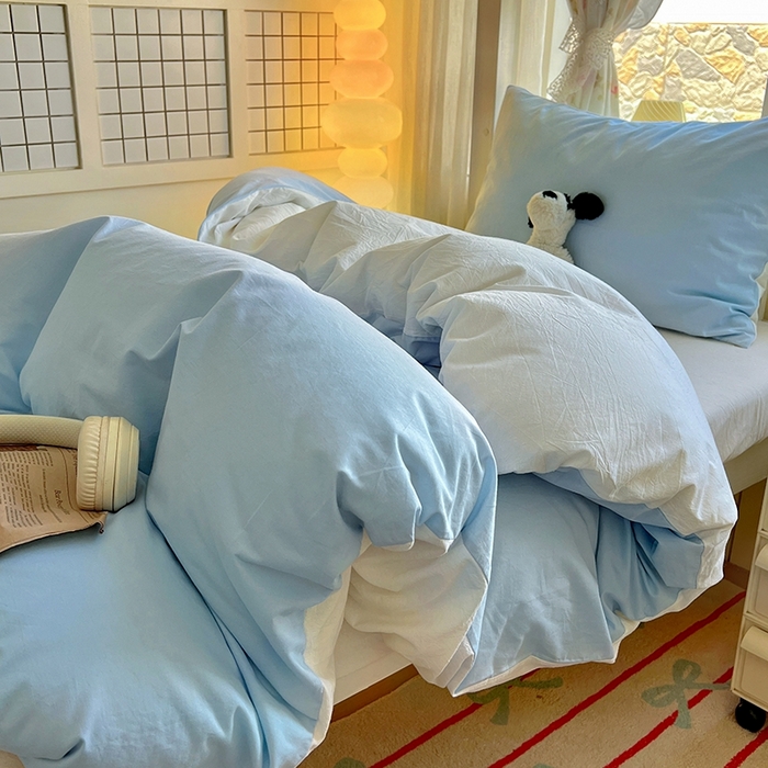 91家纺网 家纺一手货源 找家纺 缦绣阁家纺 2026新款无印风纯色纯棉四件套全棉被套床单床笠被罩学生宿舍上下铺三件套床上用品 天空蓝奶白