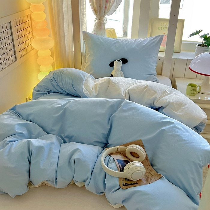 91家纺网 家纺一手货源 找家纺 缦绣阁家纺 2026新款无印风纯色纯棉四件套全棉被套床单床笠被罩学生宿舍上下铺三件套床上用品 天空蓝奶白