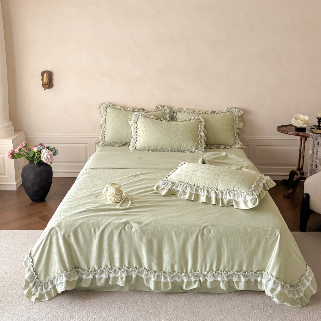 迪梦姿家纺 2026新款春意真丝提花蕾丝款夏被四件套 抹茶绿