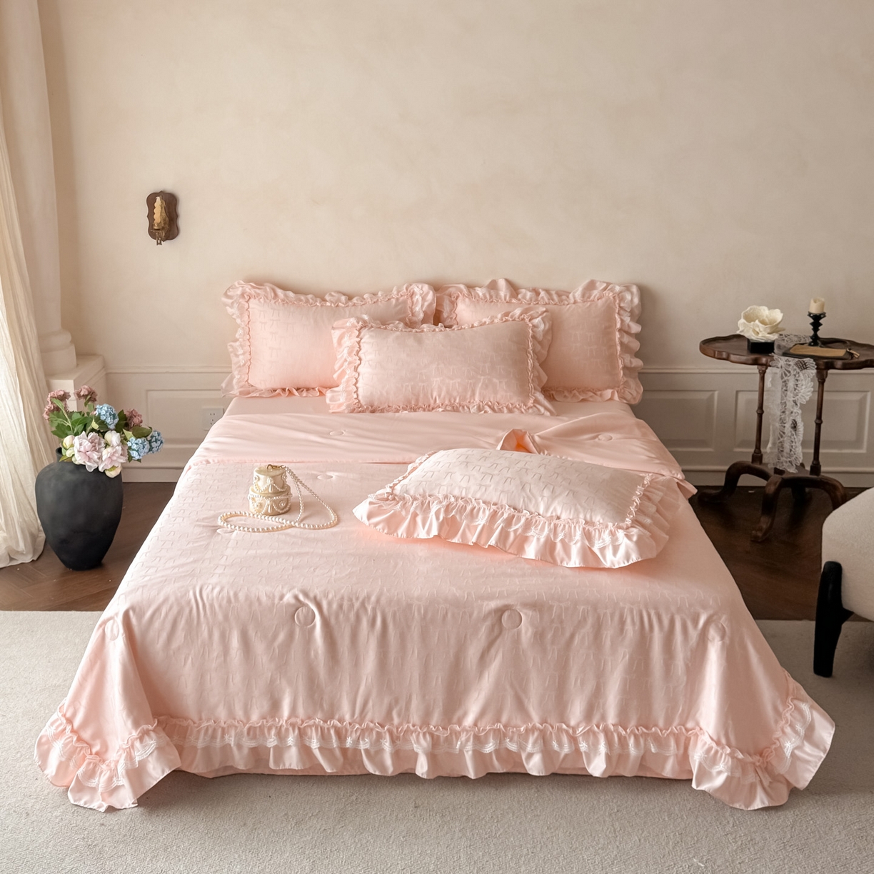 迪梦姿家纺 2026新款春意真丝提花蕾丝款夏被四件套 粉玉