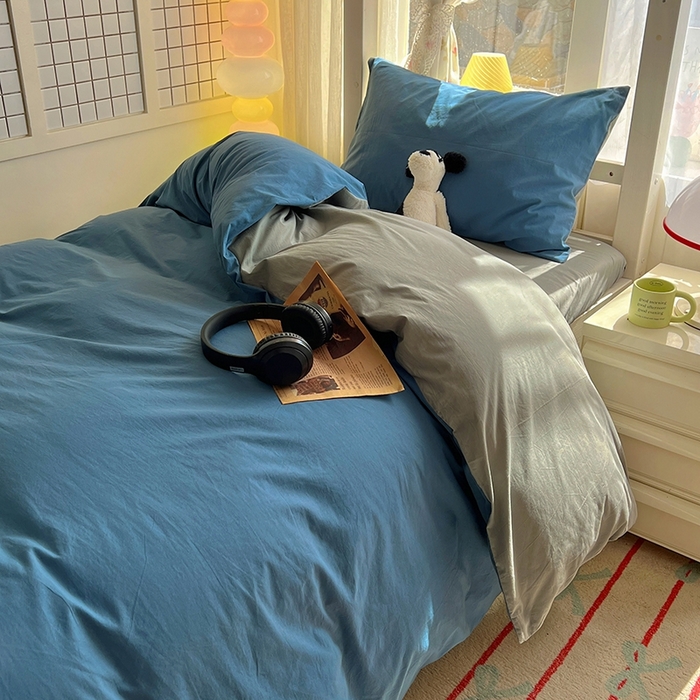 91家纺网 家纺一手货源 找家纺 缦绣阁家纺 2026新款无印风纯色纯棉四件套全棉被套床单床笠被罩学生宿舍上下铺三件套床上用品 雾蓝优雅灰