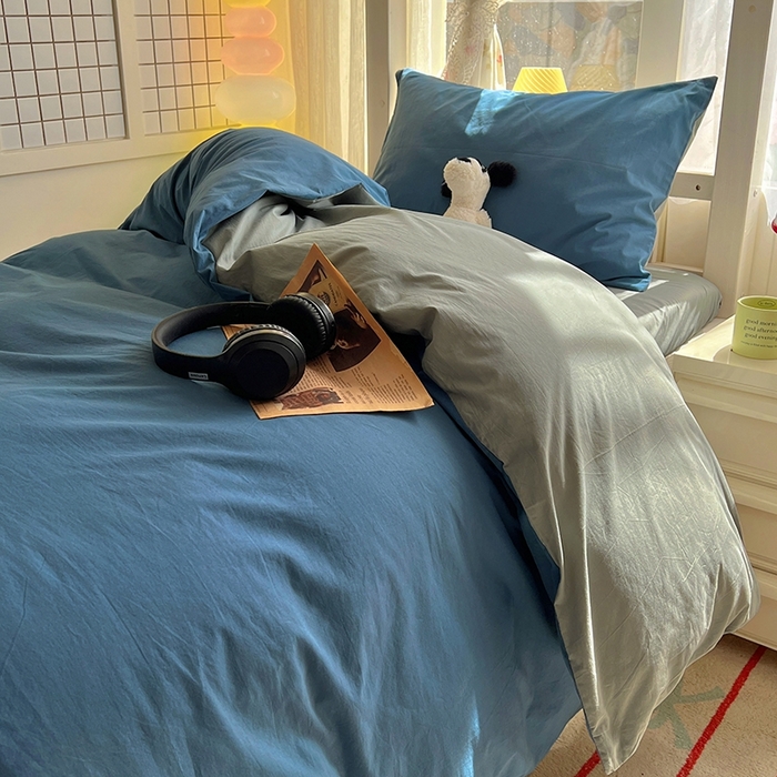 91家纺网 家纺一手货源 找家纺 缦绣阁家纺 2026新款无印风纯色纯棉四件套全棉被套床单床笠被罩学生宿舍上下铺三件套床上用品 雾蓝优雅灰