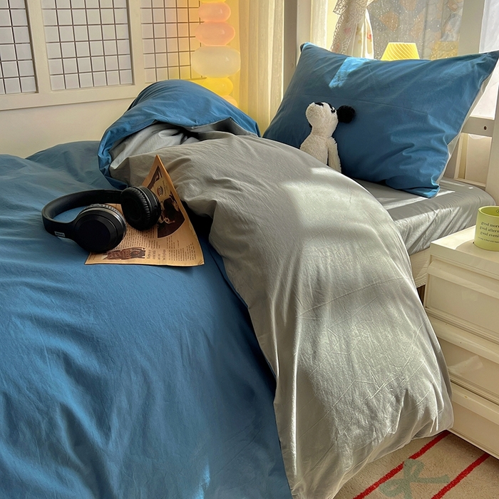 91家纺网 家纺一手货源 找家纺 缦绣阁家纺 2026新款无印风纯色纯棉四件套全棉被套床单床笠被罩学生宿舍上下铺三件套床上用品 雾蓝优雅灰