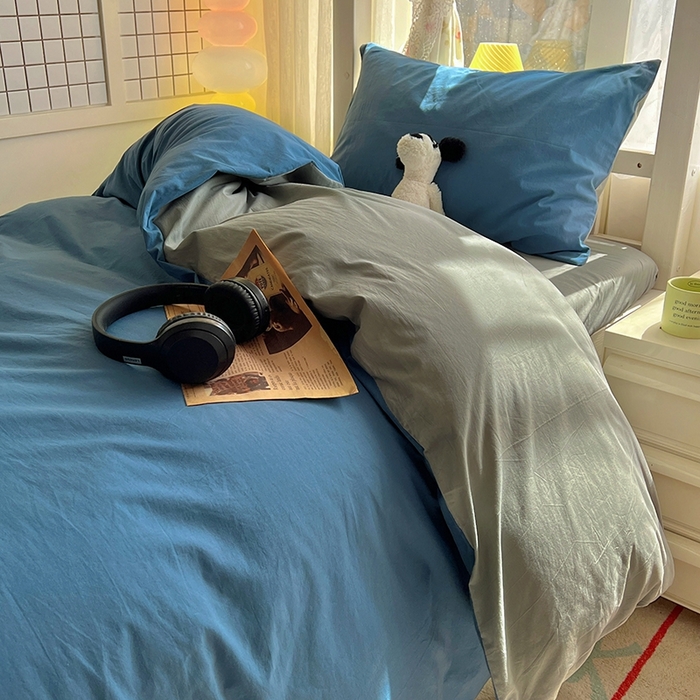 91家纺网 家纺一手货源 找家纺 缦绣阁家纺 2026新款无印风纯色纯棉四件套全棉被套床单床笠被罩学生宿舍上下铺三件套床上用品 雾蓝优雅灰