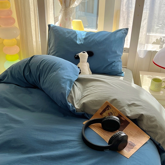 91家纺网 家纺一手货源 找家纺 缦绣阁家纺 2026新款无印风纯色纯棉四件套全棉被套床单床笠被罩学生宿舍上下铺三件套床上用品 雾蓝优雅灰