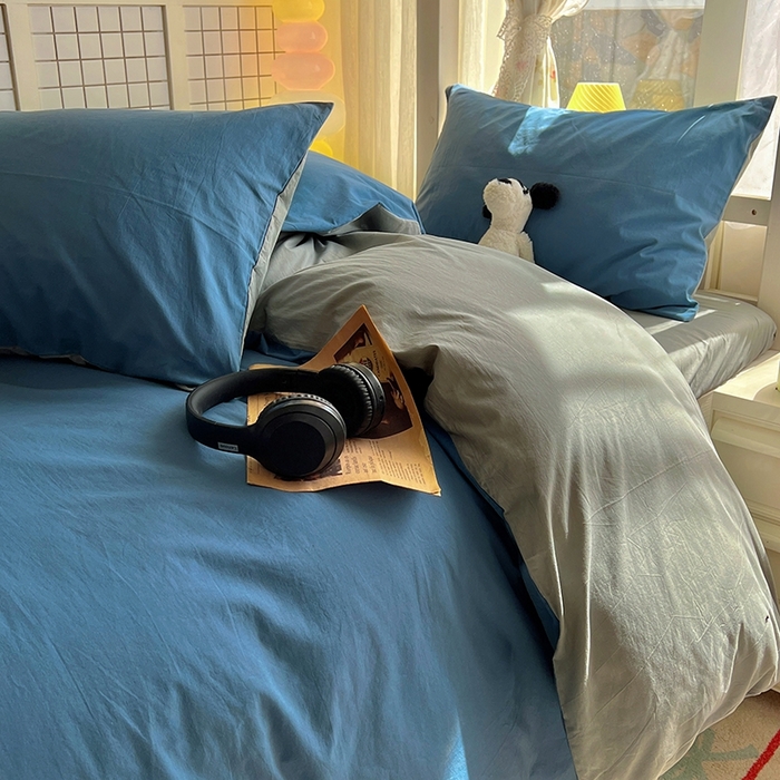 91家纺网 家纺一手货源 找家纺 缦绣阁家纺 2026新款无印风纯色纯棉四件套全棉被套床单床笠被罩学生宿舍上下铺三件套床上用品 雾蓝优雅灰