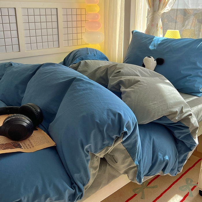 91家纺网 家纺一手货源 找家纺 缦绣阁家纺 2026新款无印风纯色纯棉四件套全棉被套床单床笠被罩学生宿舍上下铺三件套床上用品 雾蓝优雅灰