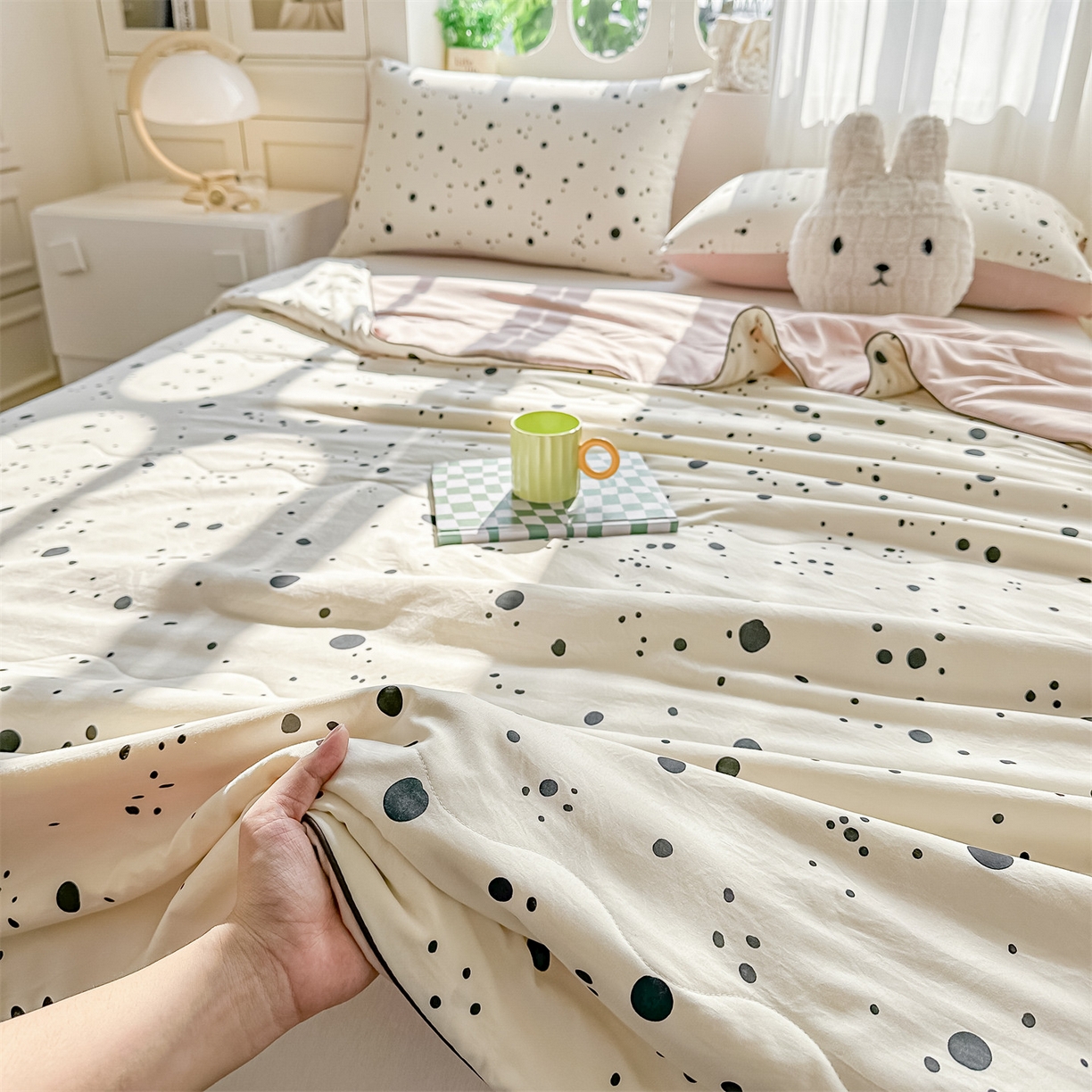 91家纺网 家纺一手货源 找家纺 招财星家纺 2026新款A类水洗棉皱绉纱夏被空调被印花夏凉被子被芯（带质检报告买家秀） 墨点