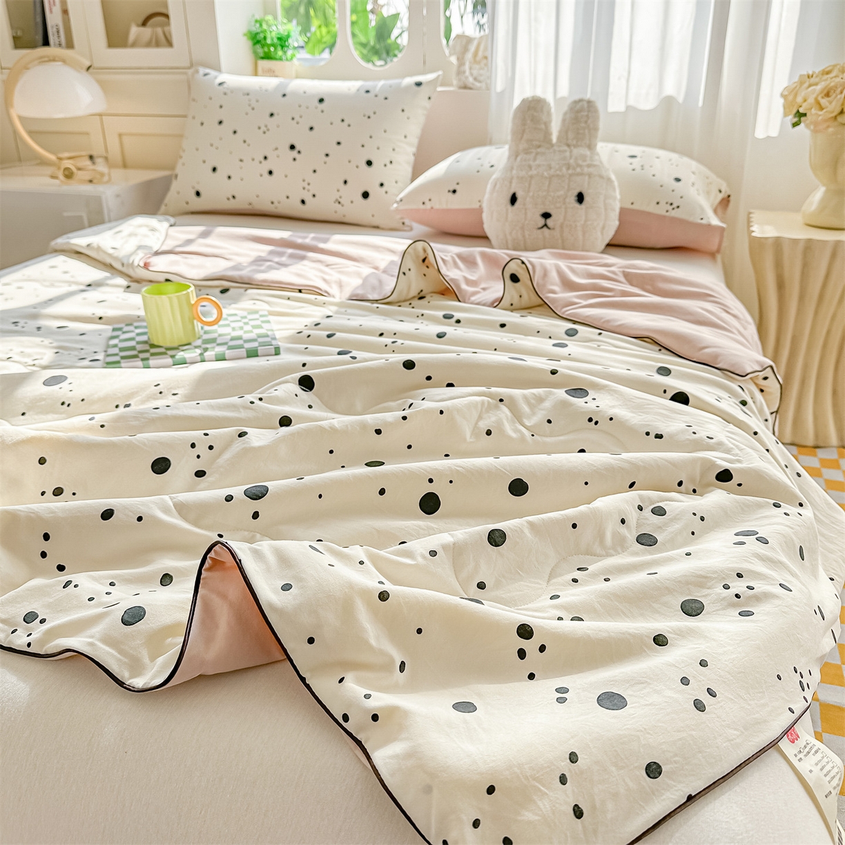 91家纺网 家纺一手货源 找家纺 招财星家纺 2026新款A类水洗棉皱绉纱夏被空调被印花夏凉被子被芯（带质检报告买家秀） 墨点