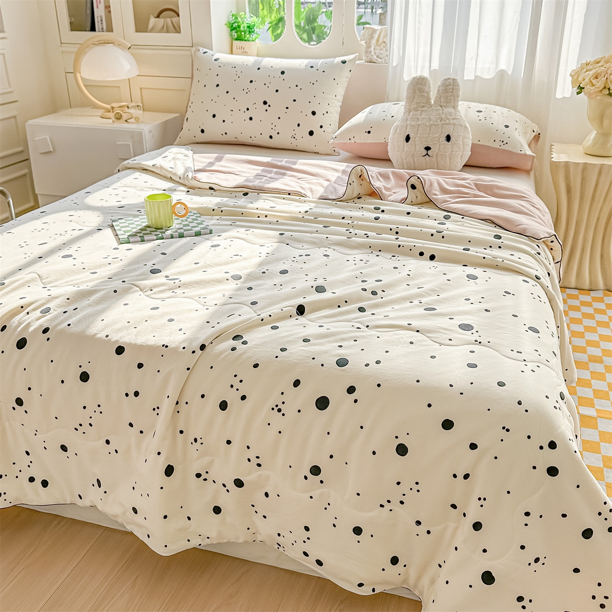 91家纺网 家纺一手货源 找家纺 招财星家纺 2026新款A类水洗棉皱绉纱夏被空调被印花夏凉被子被芯（带质检报告买家秀） 墨点