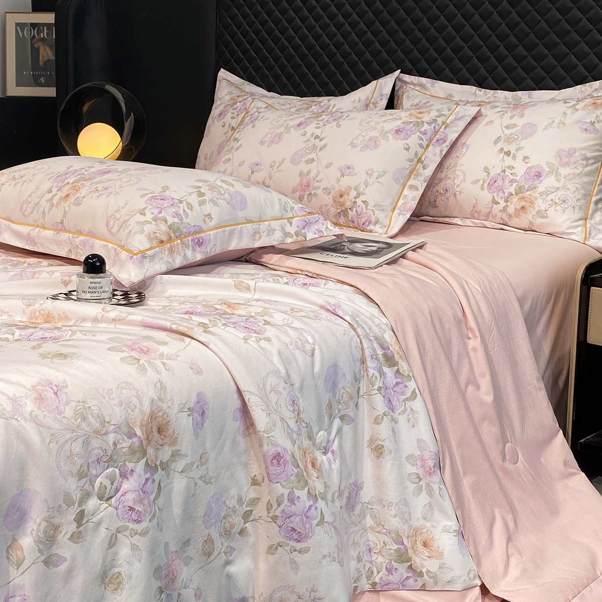 91家纺网 家纺一手货源 找家纺 佳品居 2026新款凉感天丝棉印花系列水洗真丝夏被四件套 伊莉莎-粉