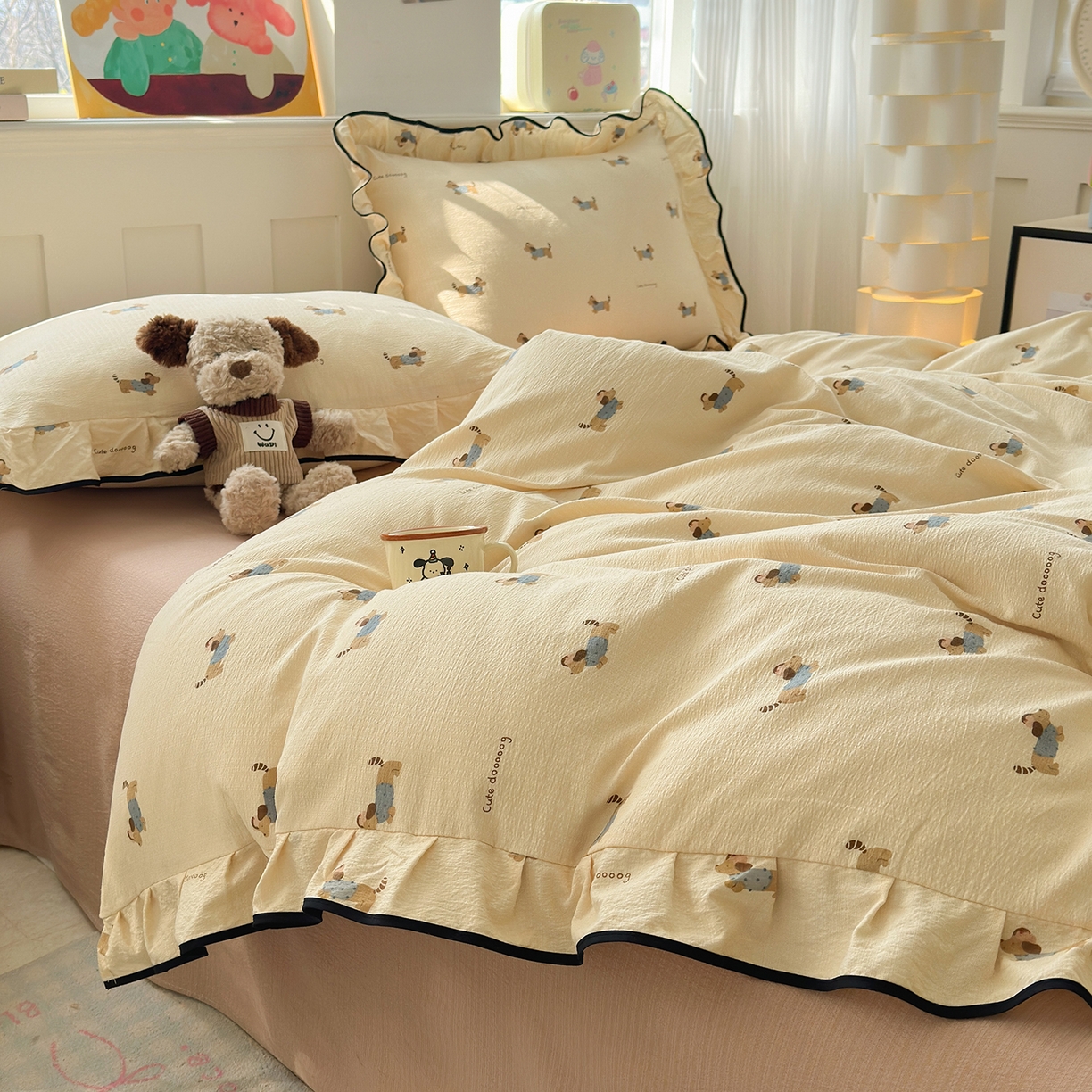 91家纺网 家纺一手货源 找家纺 （总）壹和 2026新款A类云感花边款双层纱床盖款和床单款四件套单床盖单被套