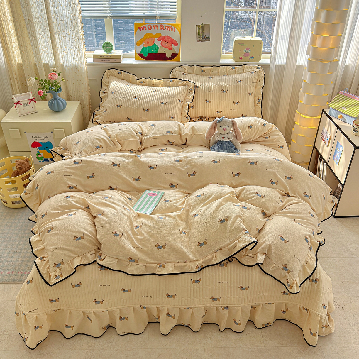 91家纺网 家纺一手货源 找家纺 （总）壹和 2026新款A类云感花边款双层纱床盖款和床单款四件套单床盖单被套