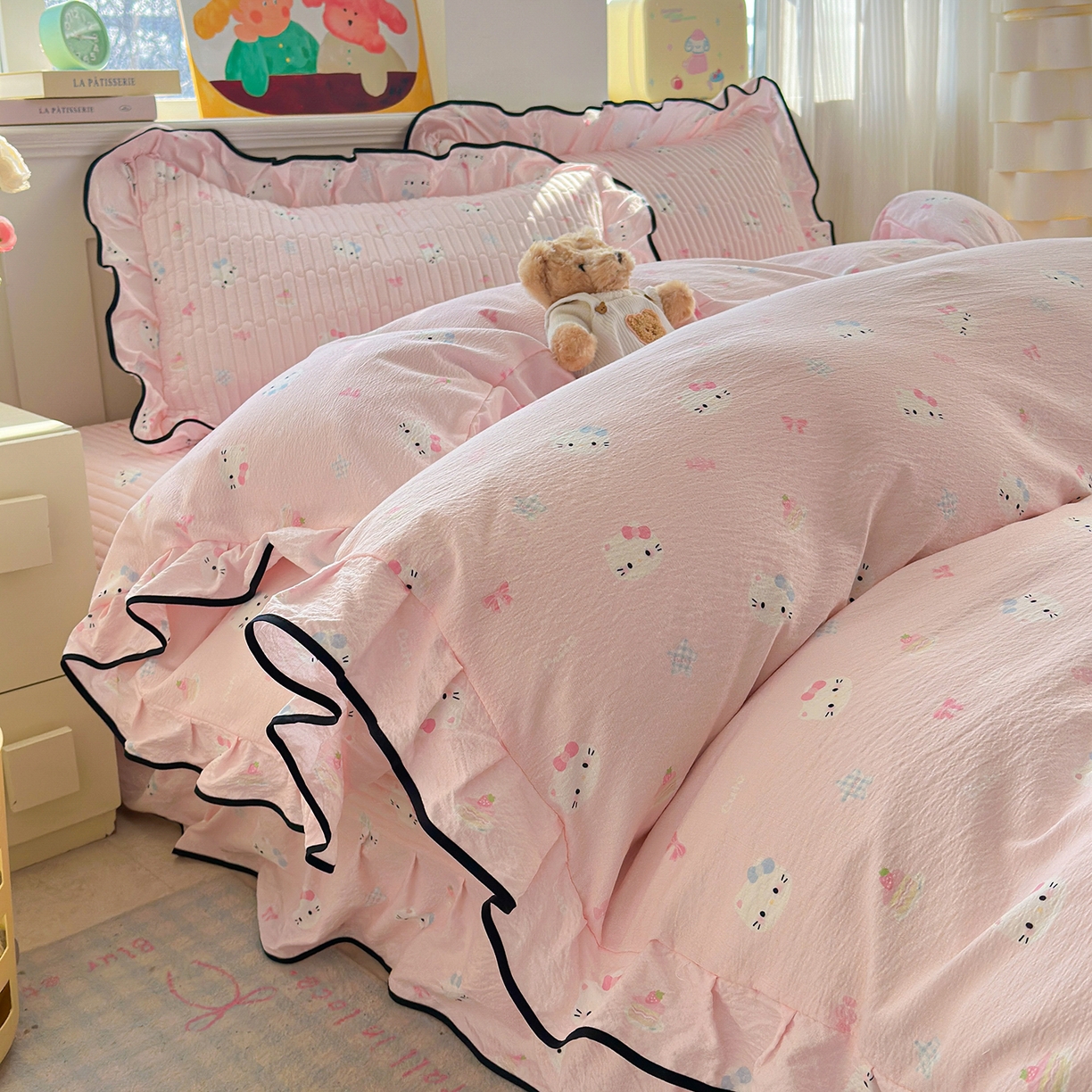 壹和 2026新款A类云感花边款双层纱床盖款和床单款四件套单床盖单被套 粉雾猫咪