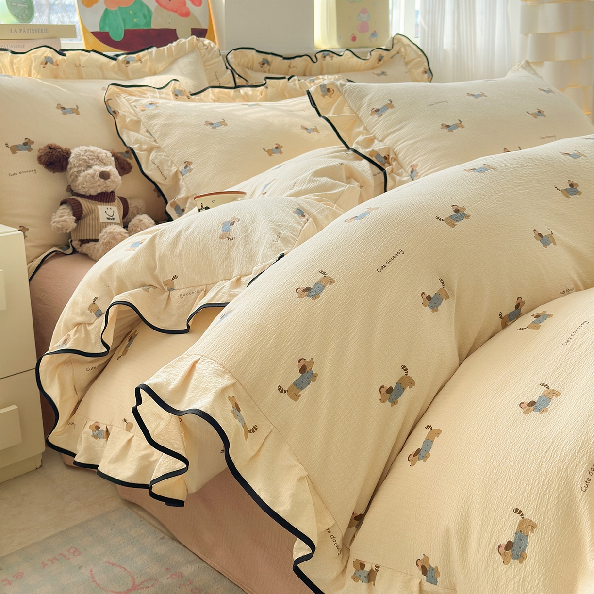 壹和 2026新款A类云感花边款双层纱床盖款和床单款四件套单床盖单被套 俏皮狗