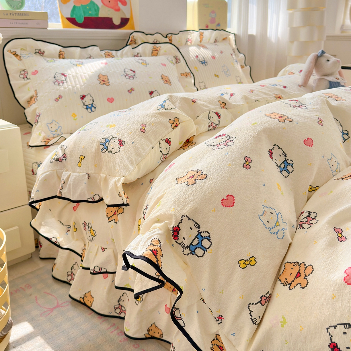 壹和 2026新款A类云感花边款双层纱床盖款和床单款四件套单床盖单被套 像素凯蒂