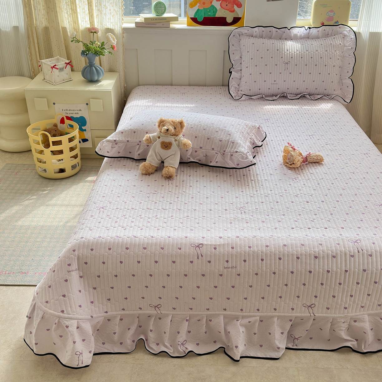 91家纺网 家纺一手货源 找家纺 壹和 2026新款A类云感花边款双层纱床盖款和床单款四件套单床盖单被套 芋泥紫爱心