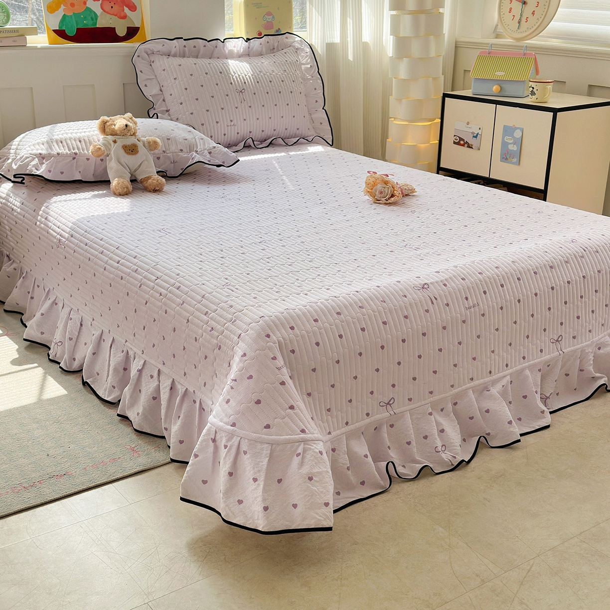 91家纺网 家纺一手货源 找家纺 壹和 2026新款A类云感花边款双层纱床盖款和床单款四件套单床盖单被套 芋泥紫爱心