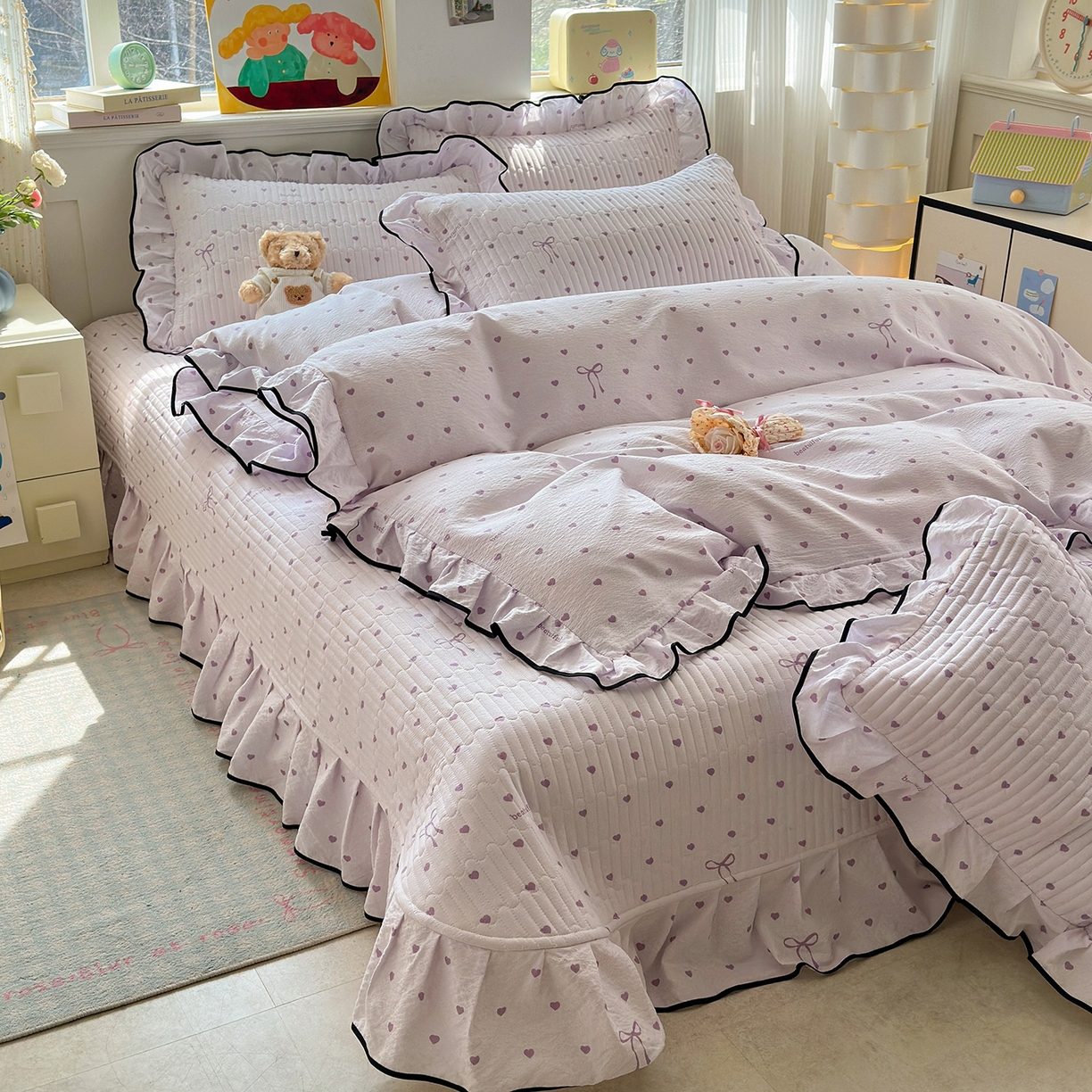 91家纺网 家纺一手货源 找家纺 壹和 2026新款A类云感花边款双层纱床盖款和床单款四件套单床盖单被套 芋泥紫爱心