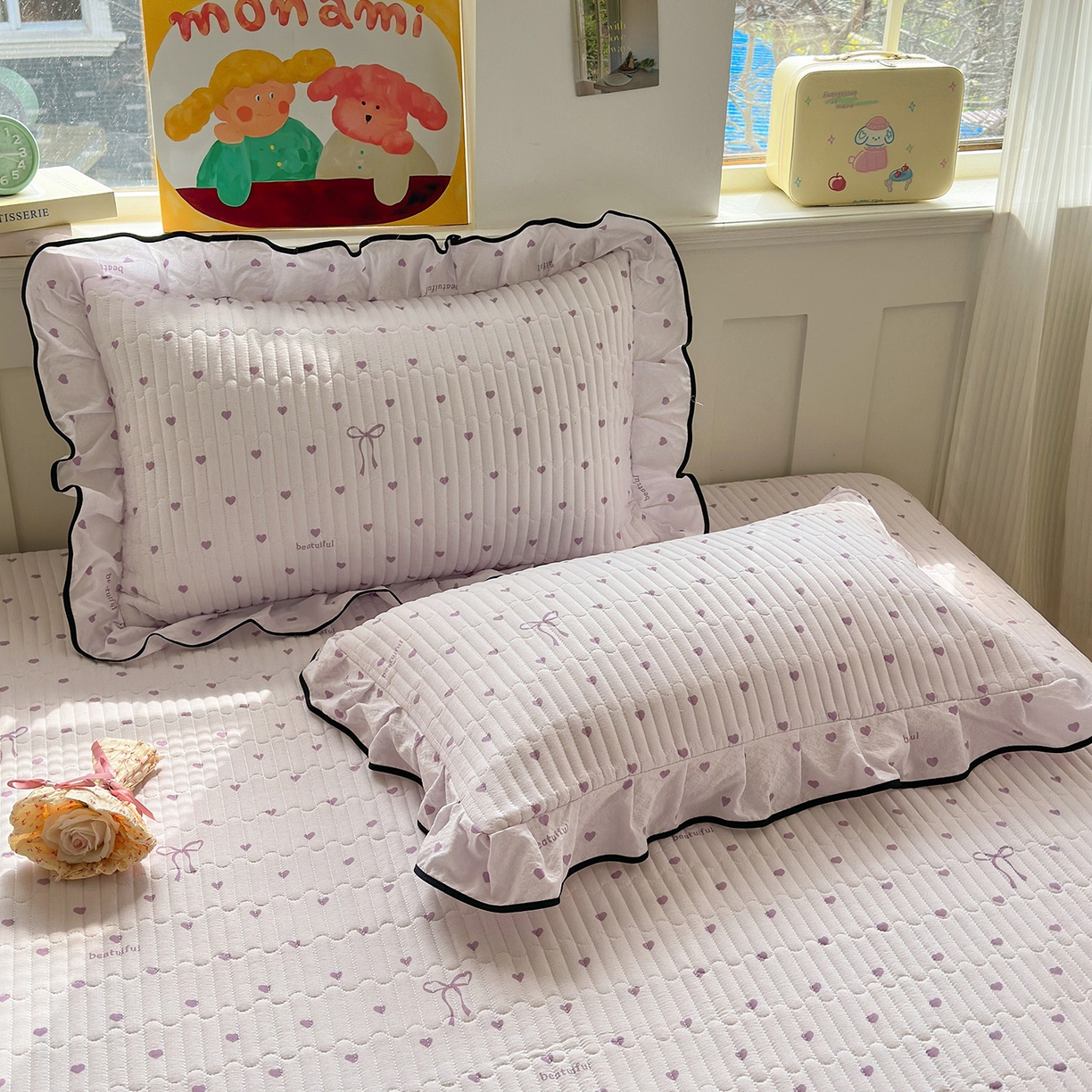 91家纺网 家纺一手货源 找家纺 壹和 2026新款A类云感花边款双层纱床盖款和床单款四件套单床盖单被套 芋泥紫爱心