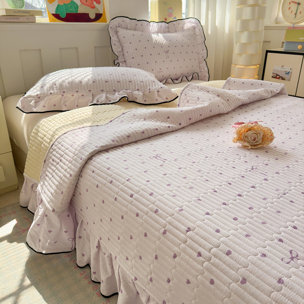 91家纺网 家纺一手货源 找家纺 壹和 2026新款A类云感花边款双层纱床盖款和床单款四件套单床盖单被套 芋泥紫爱心