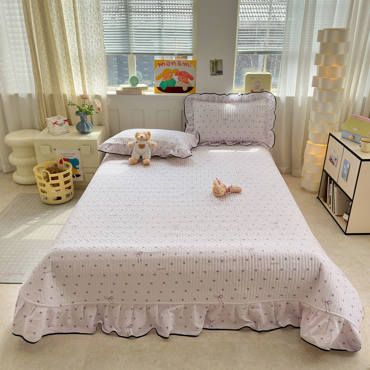 91家纺网 家纺一手货源 找家纺 壹和 2026新款A类云感花边款双层纱床盖款和床单款四件套单床盖单被套 芋泥紫爱心