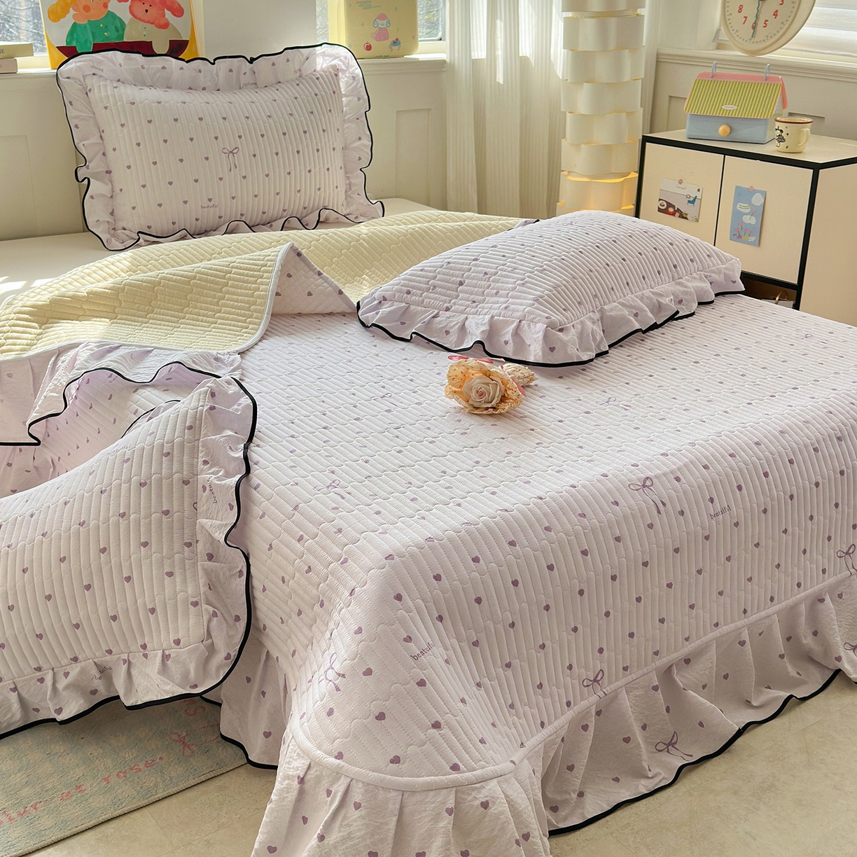 91家纺网 家纺一手货源 找家纺 壹和 2026新款A类云感花边款双层纱床盖款和床单款四件套单床盖单被套 芋泥紫爱心