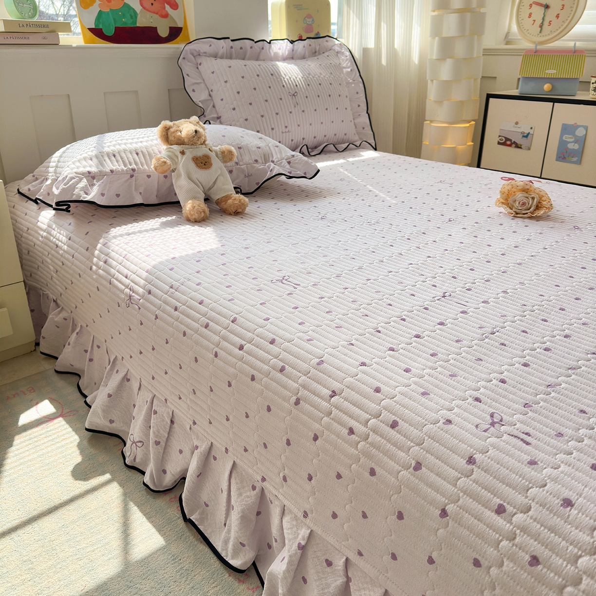 91家纺网 家纺一手货源 找家纺 壹和 2026新款A类云感花边款双层纱床盖款和床单款四件套单床盖单被套 芋泥紫爱心