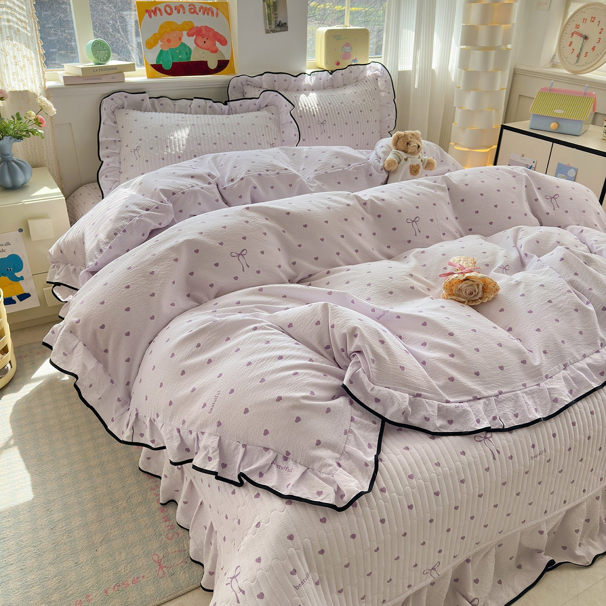 91家纺网 家纺一手货源 找家纺 壹和 2026新款A类云感花边款双层纱床盖款和床单款四件套单床盖单被套 芋泥紫爱心