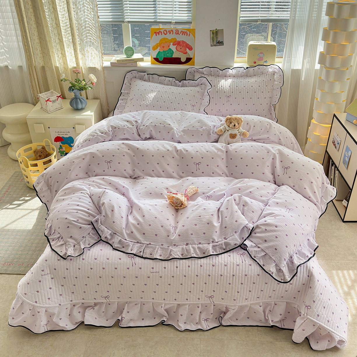 91家纺网 家纺一手货源 找家纺 壹和 2026新款A类云感花边款双层纱床盖款和床单款四件套单床盖单被套 芋泥紫爱心