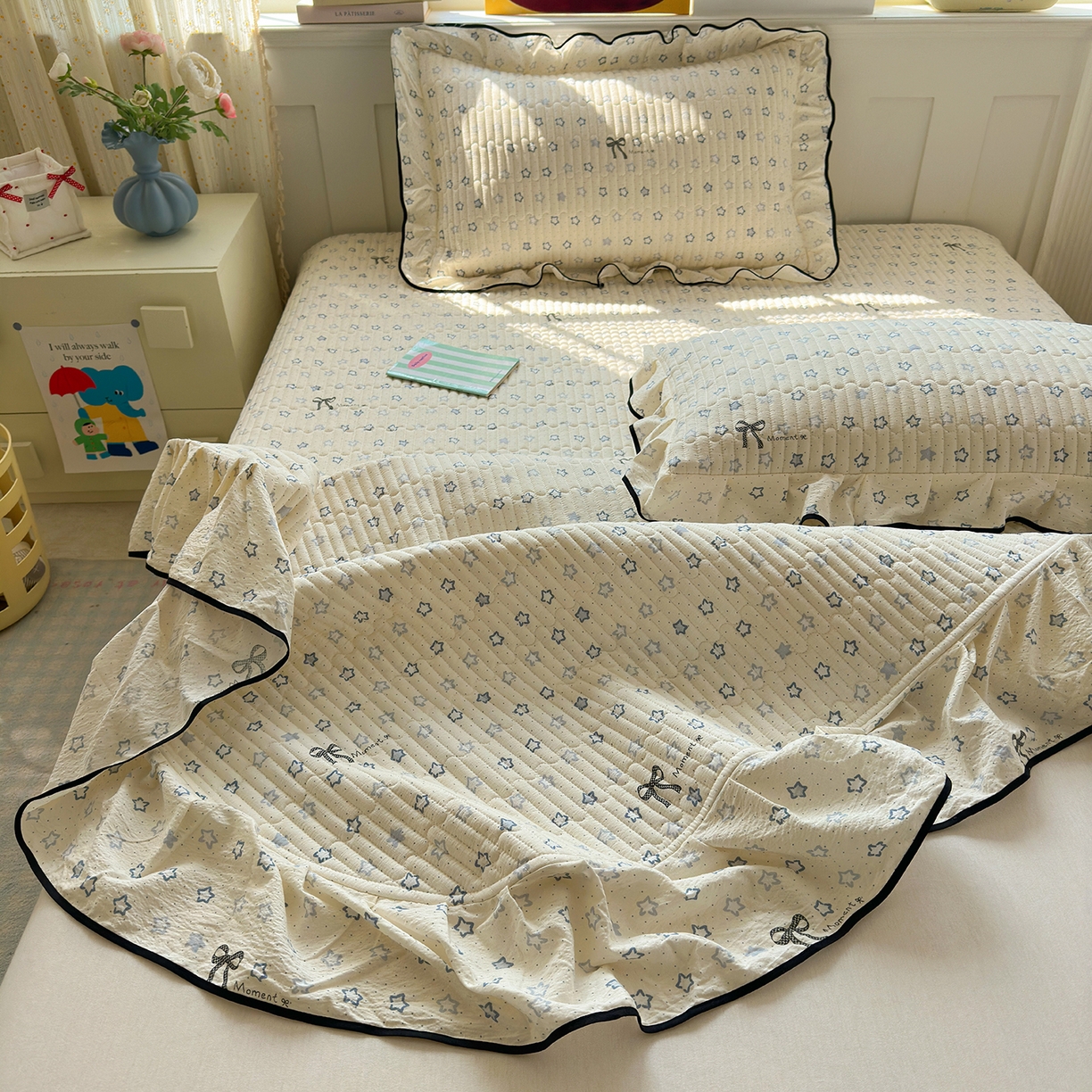 91家纺网 家纺一手货源 找家纺 壹和 2026新款A类云感花边款双层纱床盖款和床单款四件套单床盖单被套 满天星