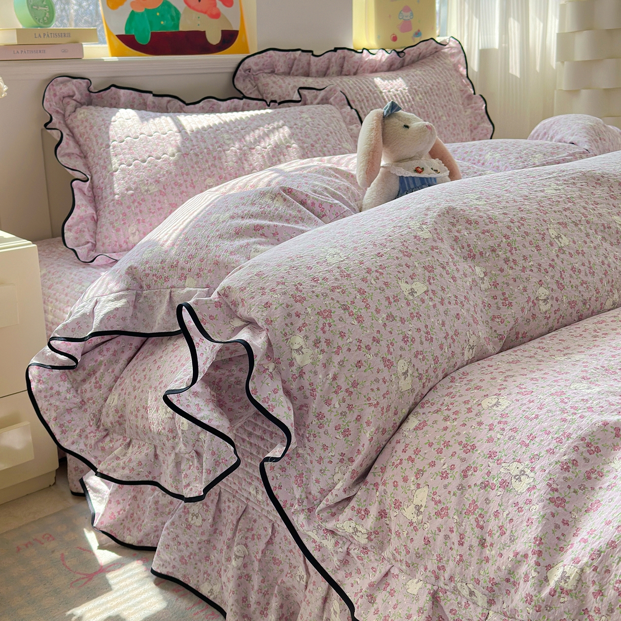 壹和 2026新款A类云感花边款双层纱床盖款和床单款四件套单床盖单被套 花田兔语