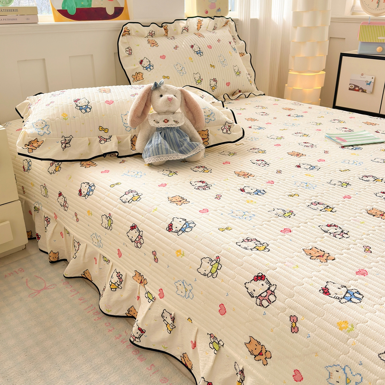 91家纺网 家纺一手货源 找家纺 壹和 2026新款A类云感花边款双层纱床盖款和床单款四件套单床盖单被套 像素凯蒂