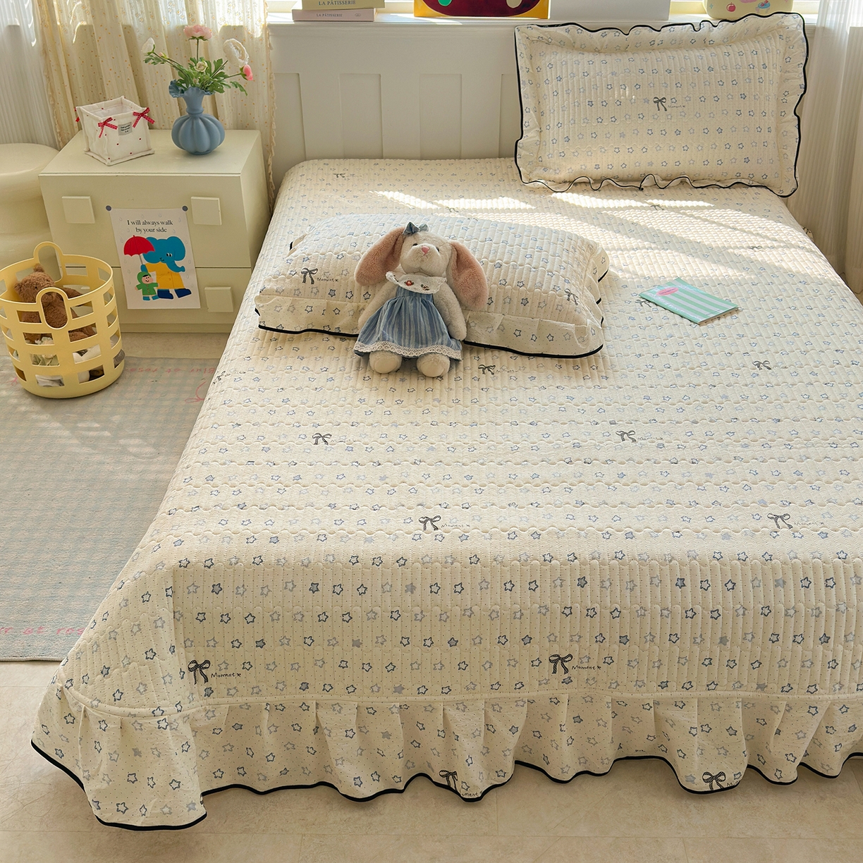 91家纺网 家纺一手货源 找家纺 壹和 2026新款A类云感花边款双层纱床盖款和床单款四件套单床盖单被套 满天星