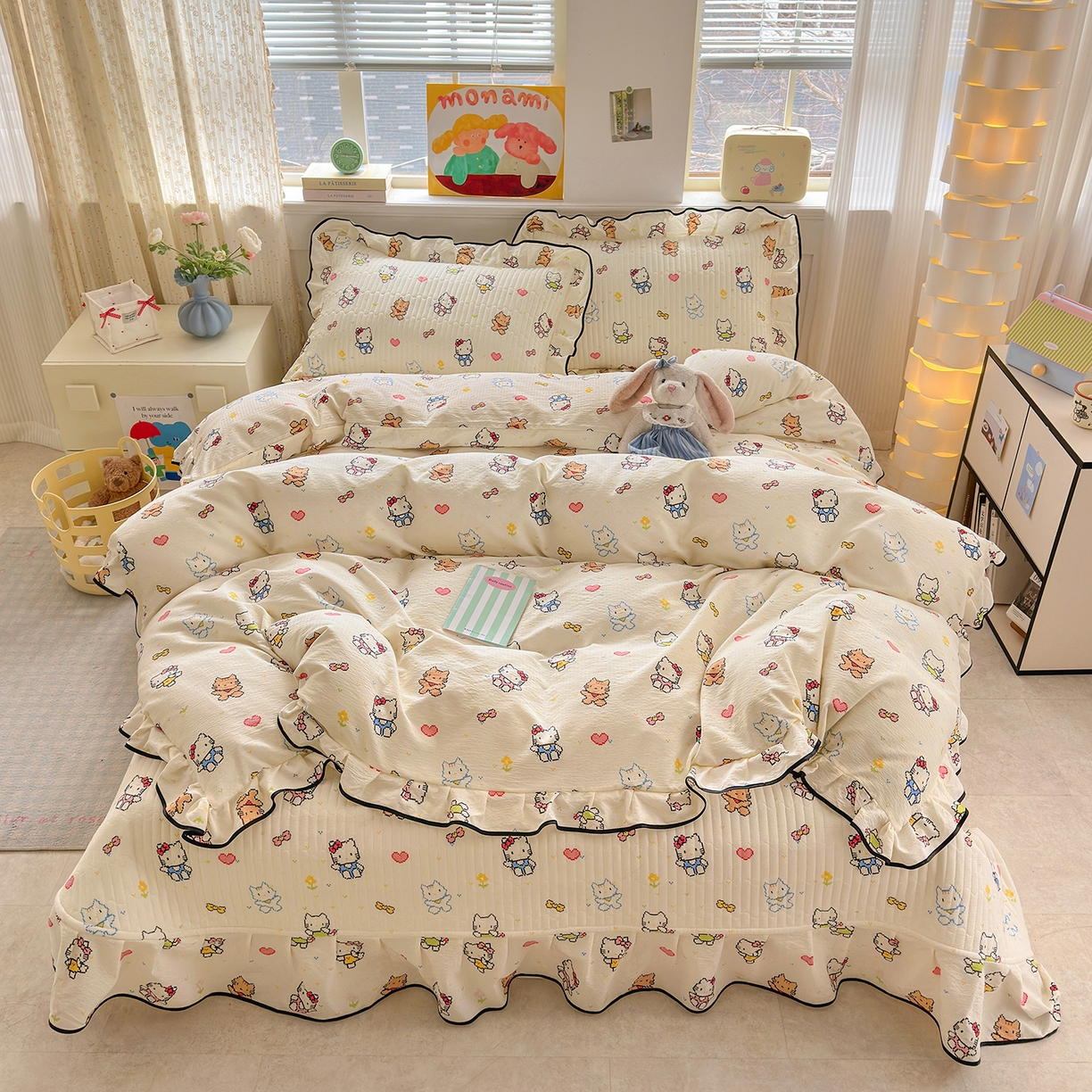 91家纺网 家纺一手货源 找家纺 壹和 2026新款A类云感花边款双层纱床盖款和床单款四件套单床盖单被套 像素凯蒂