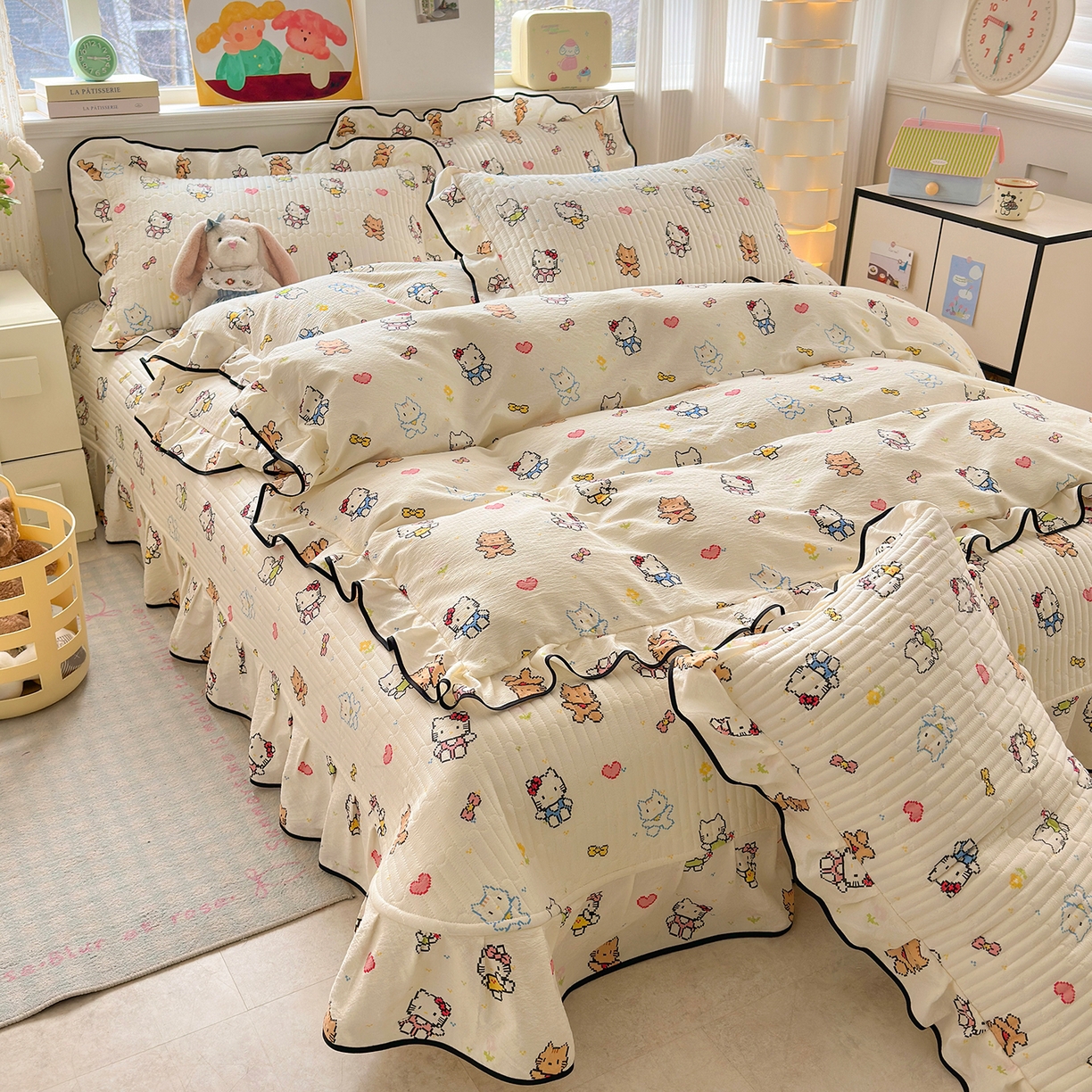 91家纺网 家纺一手货源 找家纺 壹和 2026新款A类云感花边款双层纱床盖款和床单款四件套单床盖单被套 像素凯蒂