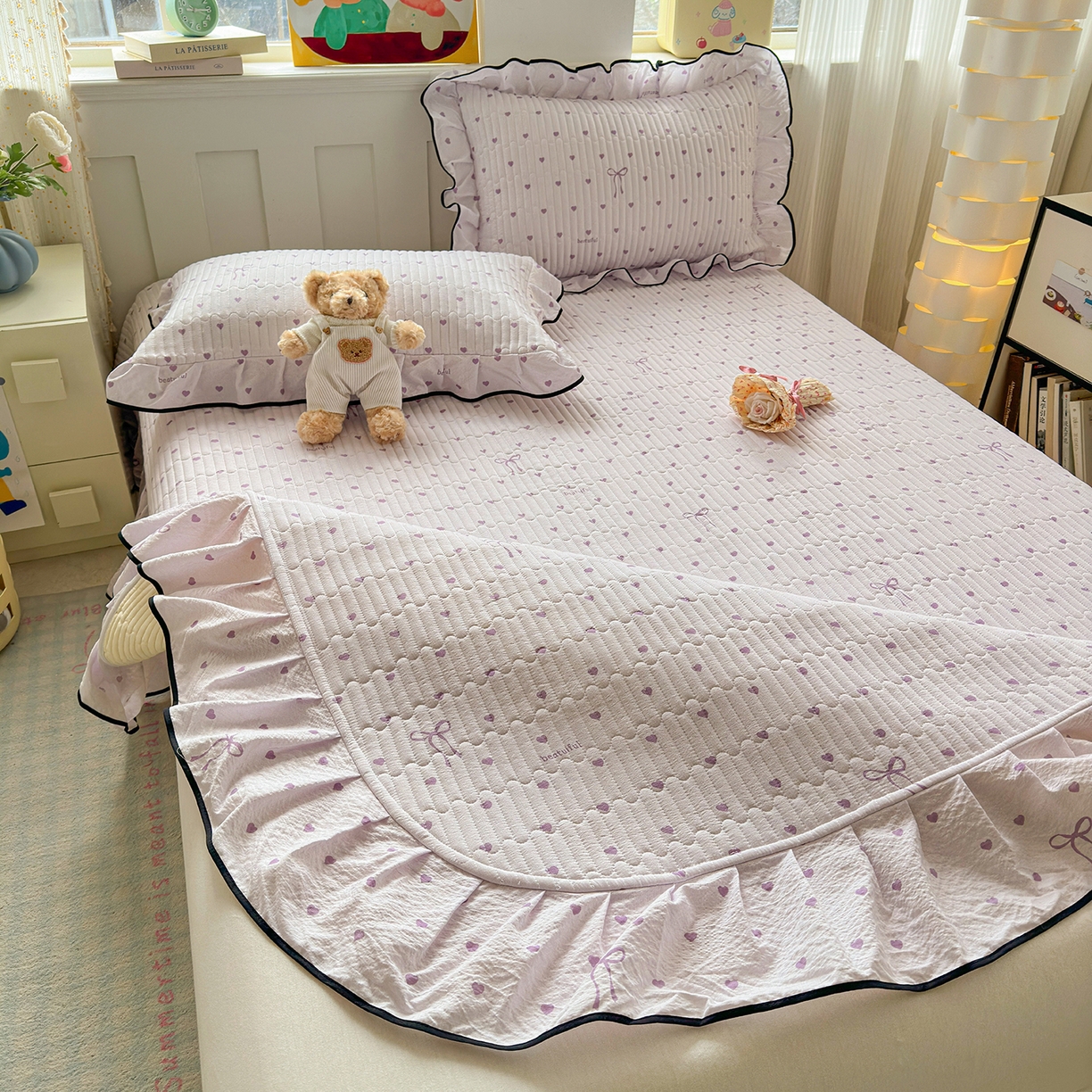 91家纺网 家纺一手货源 找家纺 壹和 2026新款A类云感花边款双层纱床盖款和床单款四件套单床盖单被套 芋泥紫爱心