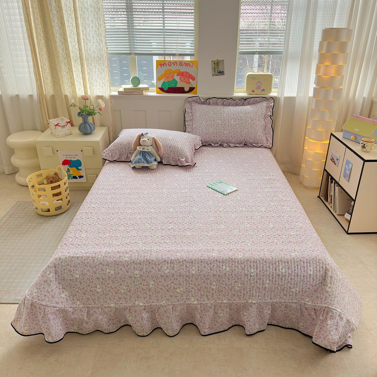 91家纺网 家纺一手货源 找家纺 壹和 2026新款A类云感花边款双层纱床盖款和床单款四件套单床盖单被套 花田兔语