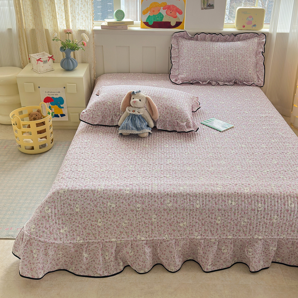 91家纺网 家纺一手货源 找家纺 壹和 2026新款A类云感花边款双层纱床盖款和床单款四件套单床盖单被套 花田兔语