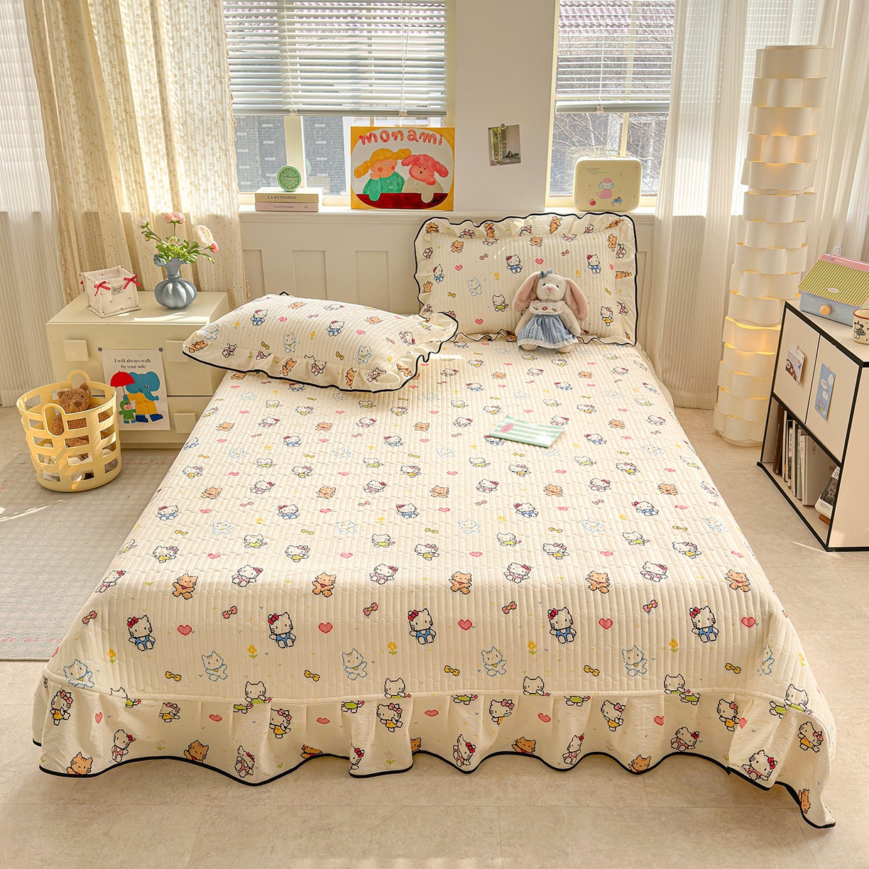 91家纺网 家纺一手货源 找家纺 壹和 2026新款A类云感花边款双层纱床盖款和床单款四件套单床盖单被套 像素凯蒂