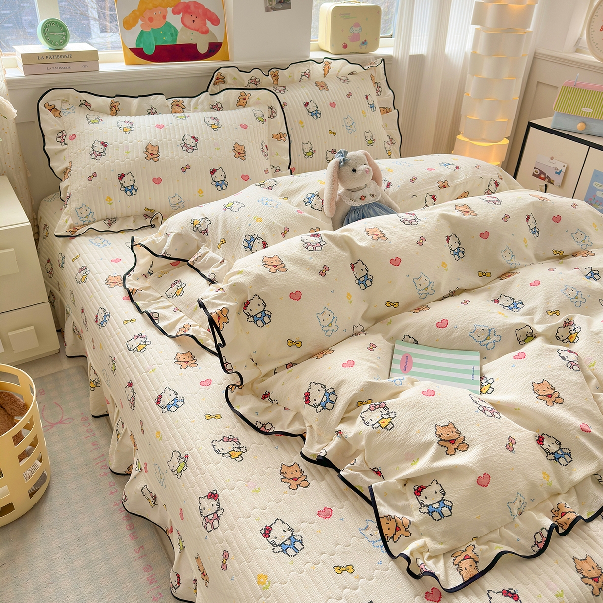 91家纺网 家纺一手货源 找家纺 壹和 2026新款A类云感花边款双层纱床盖款和床单款四件套单床盖单被套 像素凯蒂