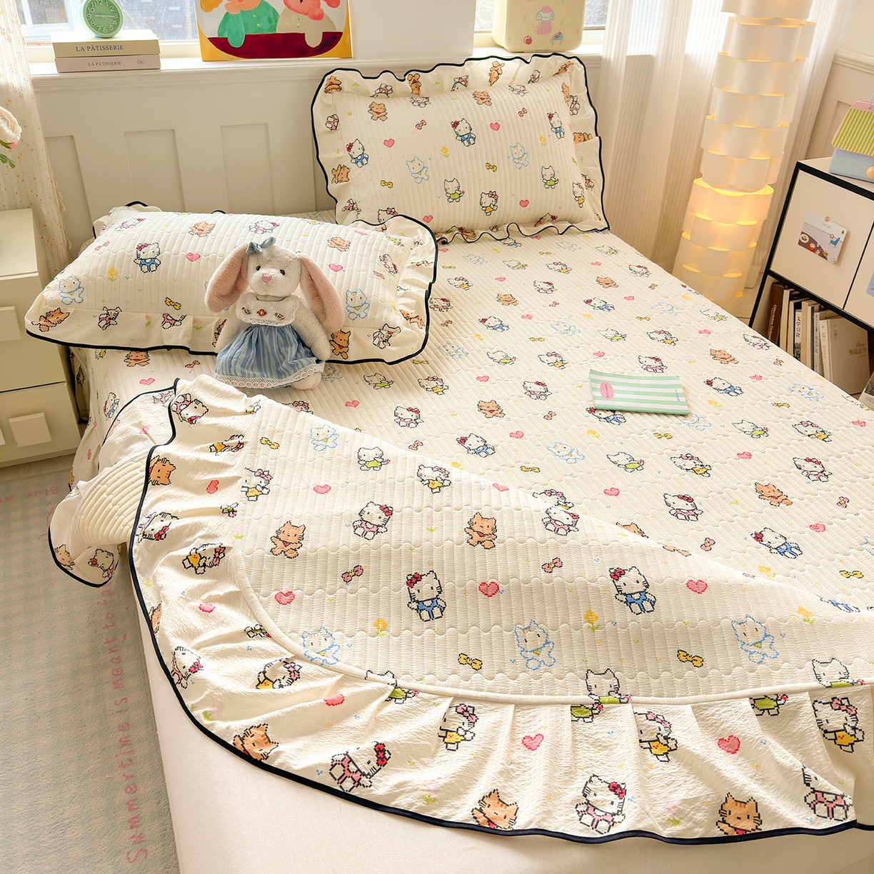 91家纺网 家纺一手货源 找家纺 壹和 2026新款A类云感花边款双层纱床盖款和床单款四件套单床盖单被套 像素凯蒂