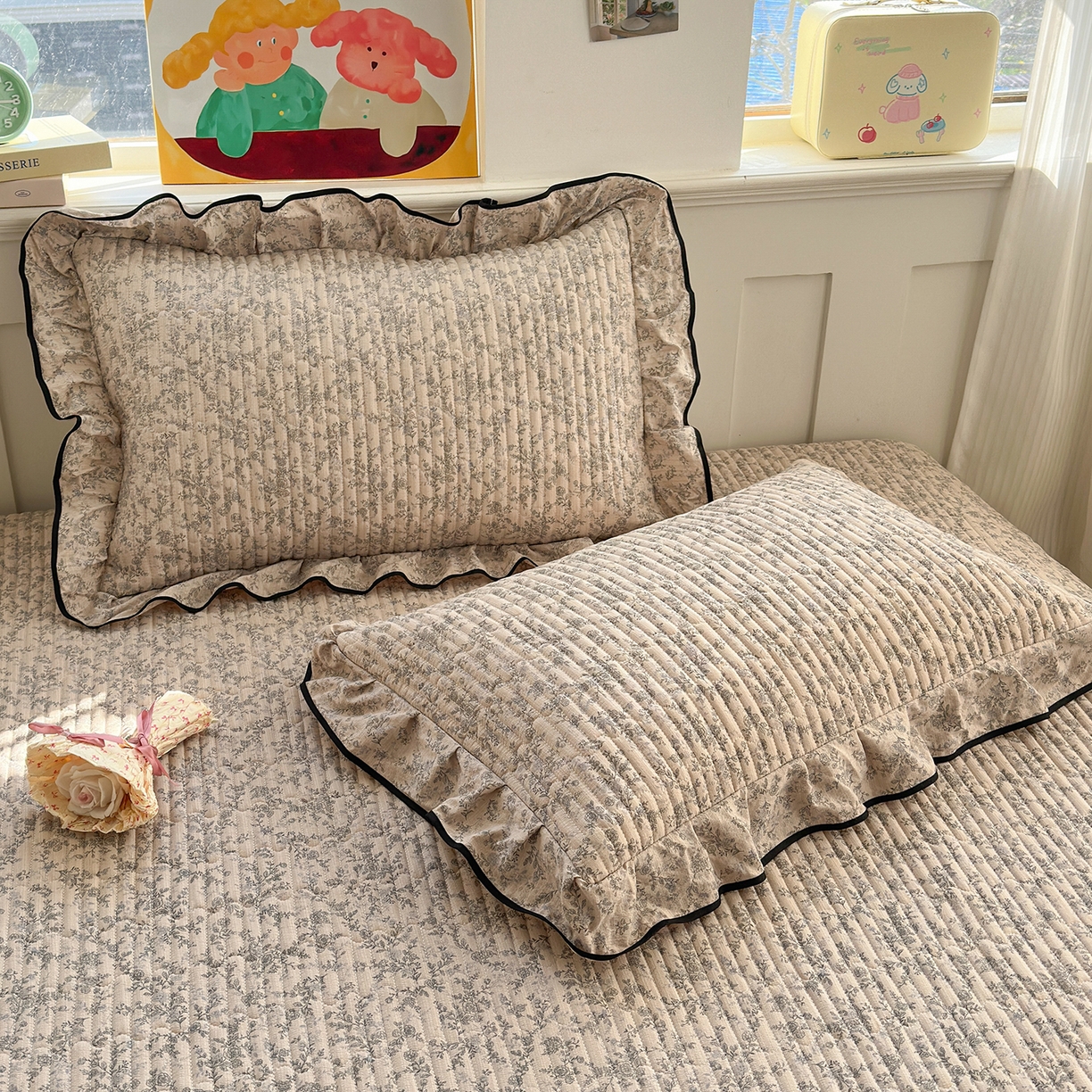 91家纺网 家纺一手货源 找家纺 壹和 2026新款A类云感花边款双层纱床盖款和床单款四件套单床盖单被套 竹韵枝影