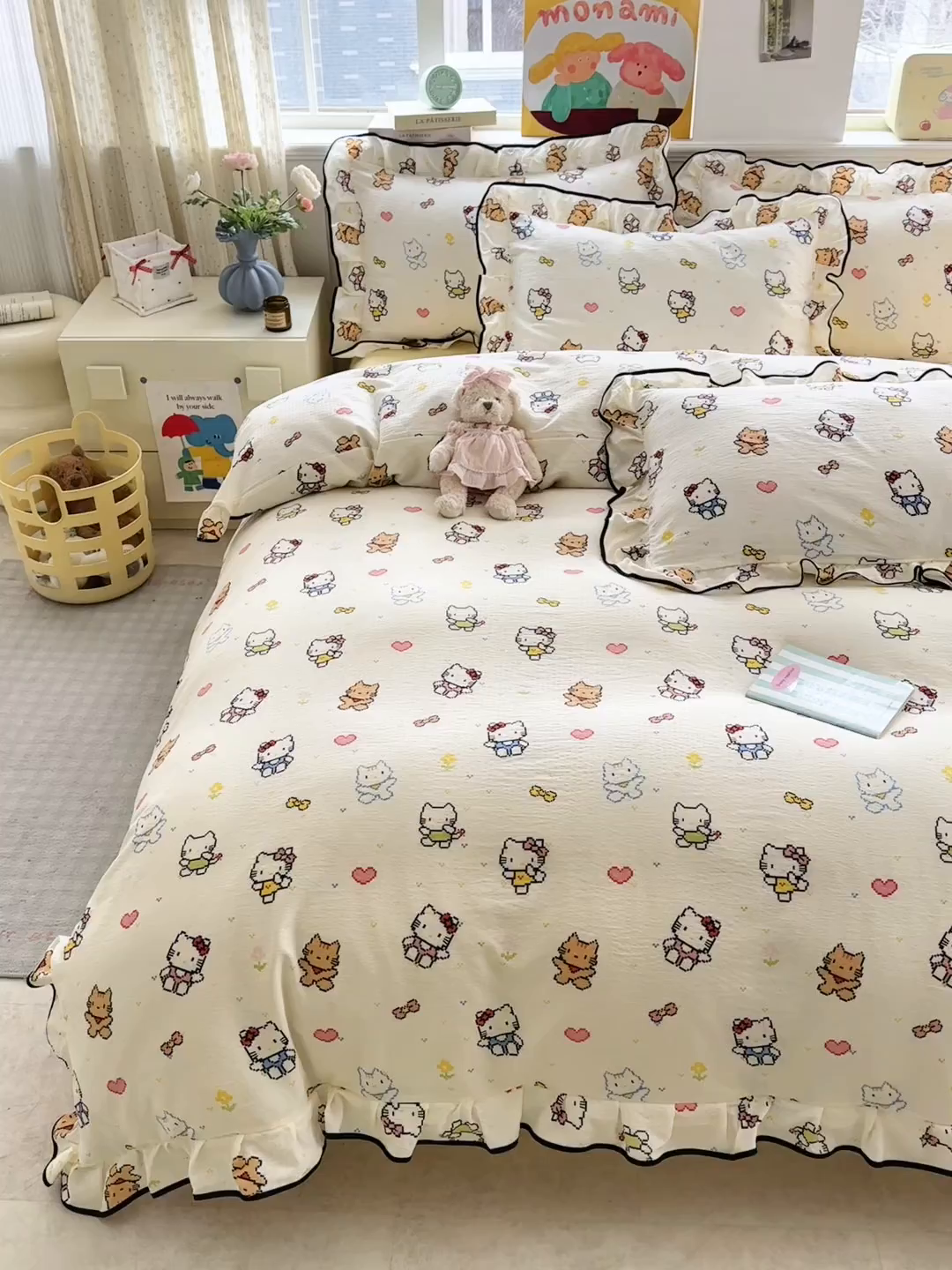 91家纺网 家纺一手货源 找家纺 壹和 2026新款A类云感花边款双层纱床盖款和床单款四件套单床盖单被套 像素凯蒂