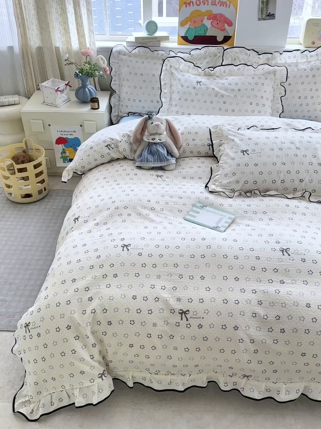 91家纺网 家纺一手货源 找家纺 壹和 2026新款A类云感花边款双层纱床盖款和床单款四件套单床盖单被套 满天星